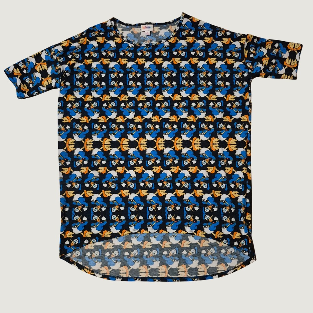 LuLaRoe Disney Irma Tunic Size M Donald Duck Print High Low Oversized Top Black